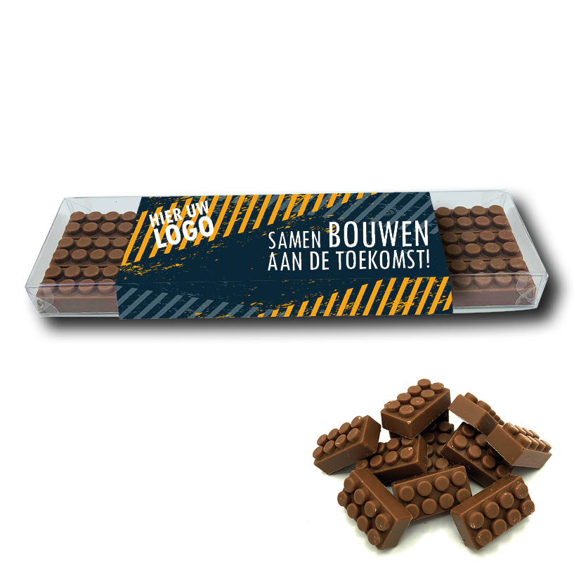 Doosje met 18 chocolade bouwblokjes inclusief banderol